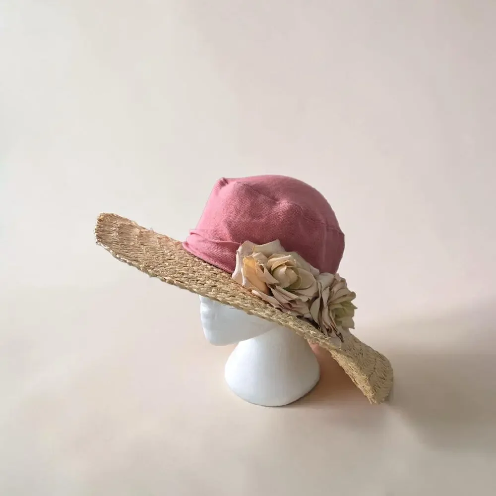 Vintage Hoodlums Ltd Floppy Sun Hat Pink Flowers Straw Brim Cottagecore One Size - Picture 3 of 16